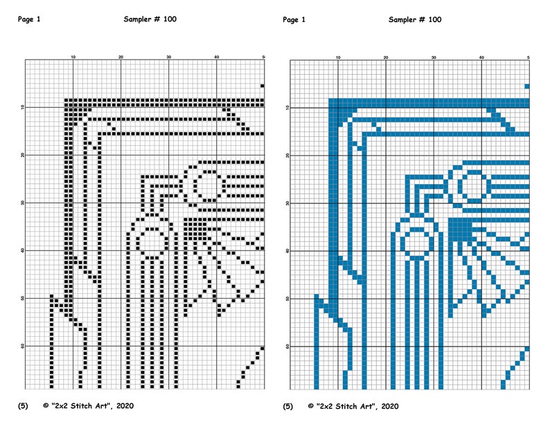 May include: A black and white pixel art design of a geometric pattern with a flower in the center. The design is on a grid with numbers along the top and side. The text "2x2 Stitch Art", 2020 is at the bottom of the image.
