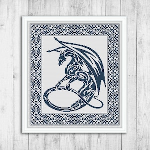 Dragon Cross Stitch Pattern, Sampler Cross Stitch Chart, Fantasy Celtic Dragon, Embroidery Sampler, Pillow Monochrome, Instant Download PDF