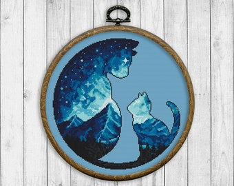 Modern Cross Stitch Pattern, Nature Cross Stitch Chart, Landscape, Mountain, Forest, Starry Sky, Cats Silhouettes, Instant Download PDF
