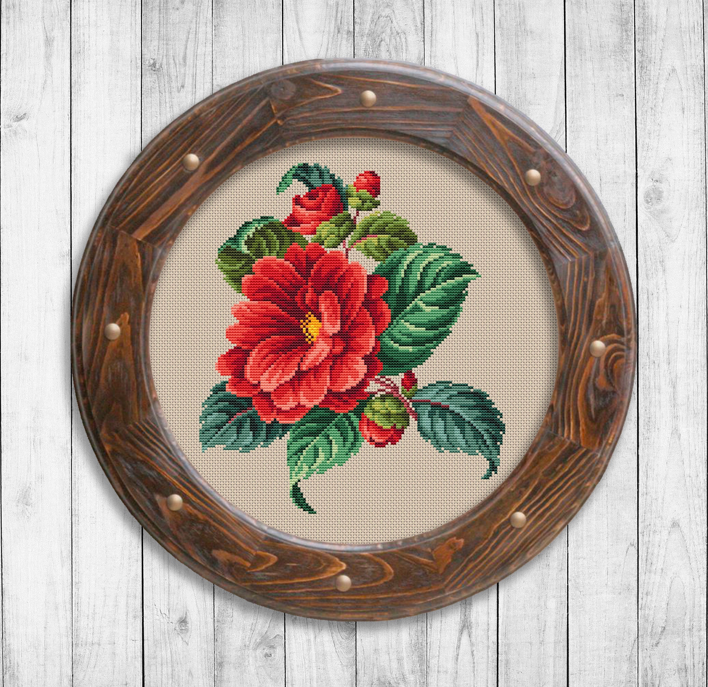 Vintage Camellia Cross Stitch Pattern, Flower Cross Stitch Pattern