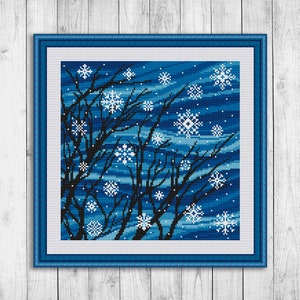 Winter Landscape Cross Stitch Pattern, Nature Counted Cross Stitch Chart, Snowflakes, Christmas, Holidays, Trees, Snow, Instant Download PDF