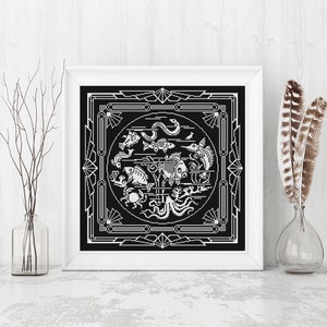 May include: Black and white geometric design featuring a circle with various sea creatures, including fish, a crab, an octopus, and a snake. The design is framed by a square border with geometric patterns.
