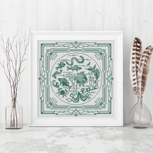 May include: A framed cross-stitch design featuring a green and white geometric pattern with a circle in the center. The circle contains a variety of sea creatures, including fish, a crab, a seahorse, and an octopus.