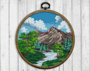 Landscape Modern Cross Stitch Pattern, Nature Cross Stitch Chart, Mountain, Forest, River, Clouds, Needlepoint Chart, Instant Download PDF