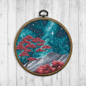 Natur Kreuzstichvorlage, Kreuzstichvorlage Landschaft, Berg, Baum, Sternenhimmel, Nacht Landschaft, Galaxie, modern, Sofort Download PDF