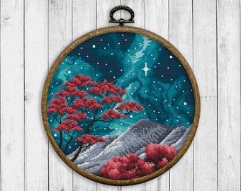 Nature Cross Stitch Pattern, Landscape Cross Stitch Chart, Mountain, Tree, Starry Sky, Night Landscape, Galaxy, Modern, Instant Download PDF