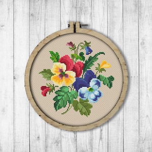 Vintage Bloemen Viooltje Kruissteekpatroon, Lentebloemen Kruissteekpatroon, Bloem, Viooltje, Berlijns Wolwerk, Moderne Borduurbloemen