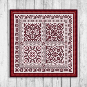 Sampler Cross Stitch Pattern, Carpet Cross Stitch Chart, Square Ornament, Embroidery Sampler, Pillow, Monochrome, Instant Download PDF