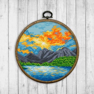 Nature Cross Stitch Pattern, Sunset Cross Stitch Pattern, Modern Cross Stitch Pattern, Mountain, River, Landscape, Lake, Water, Sunrise