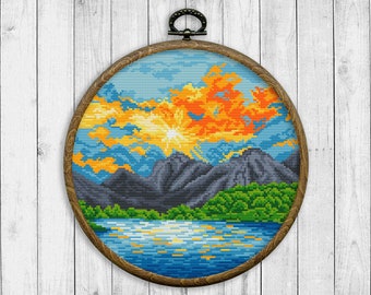 Nature Cross Stitch Pattern, Sunset Cross Stitch Pattern, Modern Cross Stitch Pattern, Mountain, River, Landscape, Lake, Water, Sunrise