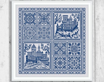 Sampler Cross Stitch Pattern, Carpet Counted Cross Stitch Chart, Ornament Castle, Embroidery Sampler, Pillow Monochrome Instant Download PDF