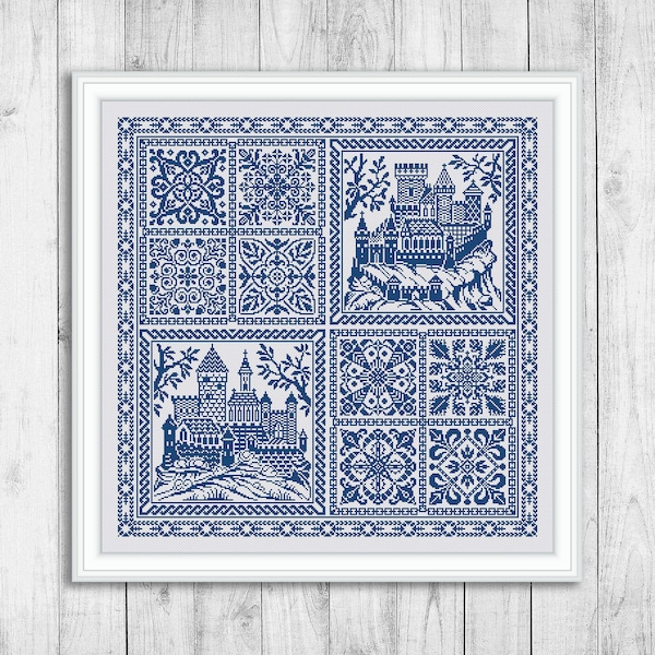Sampler kruissteekpatroon, tapijt getelde kruissteektabel, ornamentkasteel, borduurvoorbeeld, kussen zwart-wit Instant download pdf