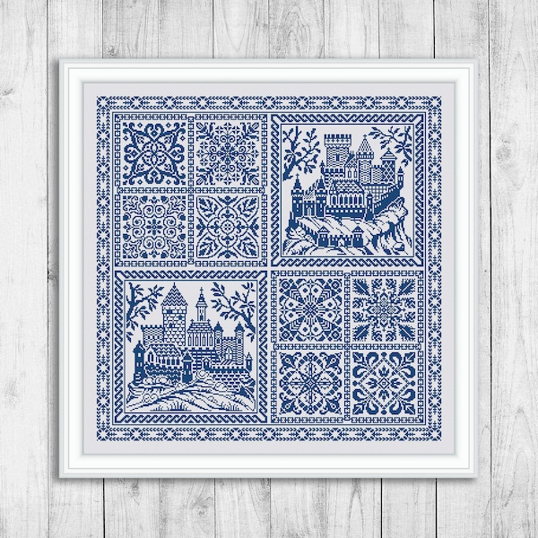 Sampler Cross Stitch Pattern, Tapis Compté Cross Stitch Chart, Ornement Castle, Broderie Sampler, Oreiller Monochrome Téléchargement instantané PDF