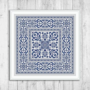 Sampler Cross Stitch Pattern, Carpet Cross Stitch Pattern, Square Embroidery Sampler, Ornament, Pillow, Monochrome, Instant Download PDF