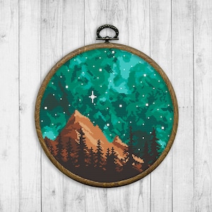 Natur Kreuzstichmuster, Landschaft Kreuzstichmuster, Berg, Baum, Sternenhimmel, moderne Nacht Landschaft, Instant Download PDF