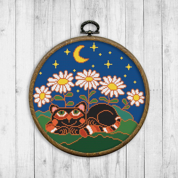 Kat kruissteekpatroon, dierengeteld kruissteekschema, bloemen, bloemen, natuur, moderne kruissteek, sterrenhemel, Instant Download PDF