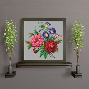 Flower Bouquet 4 Modern Cross Stitch Pattern PDF, Nature Cross Stitch Pattern, Embroidery Flower Peony, Morning Glory Cross Stitch Chart image 3