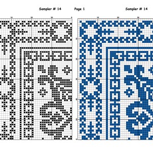 May include: Black and white and blue cross stitch sampler pattern with a geometric design. The pattern is divided into two sections, one with a black and white design and the other with a blue design. The pattern is labelled "Sampler # 14" and "Page 1".