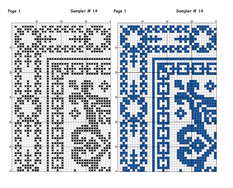 May include: Black and white and blue cross stitch sampler pattern with a geometric design. The pattern is divided into two sections, one with a black and white design and the other with a blue design. The pattern is labelled "Sampler # 14" and "Page 1".