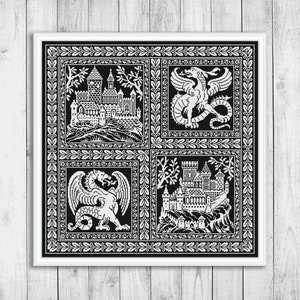 Cross Stitch Pattern Sampler, Dragon Cross Stitch Pattern, Castle Cross Stitch Pattern, Modern Cross Stitch Pattern, Monochrome Cross Stitch