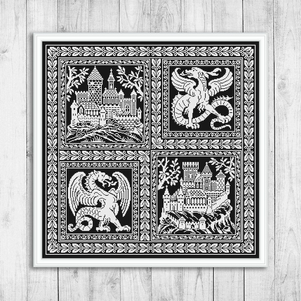 Cross Stitch Pattern Sampler, Dragon Cross Stitch Pattern, Castle Cross Stitch Pattern, Modern Cross Stitch Pattern, Monochrome Cross Stitch