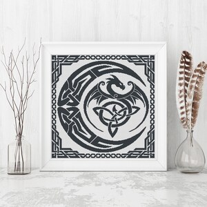 Dragon Cross Stitch Pattern, Sampler Cross Stitch Pattern, Celtic Cross Stitch, Moon, Modern Cross Stitch, Monochrome, Instant Download PDF image 8
