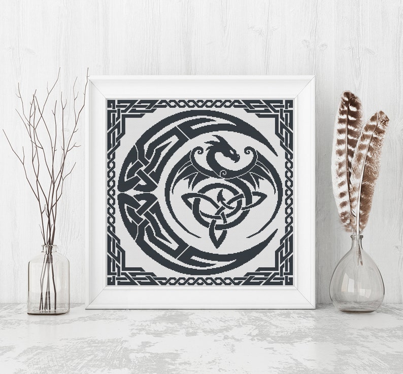 Dragon Cross Stitch Pattern, Sampler Cross Stitch Pattern, Celtic Cross Stitch, Moon, Modern Cross Stitch, Monochrome, Instant Download PDF image 8