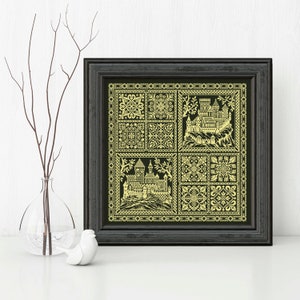 May include: A black framed picture with a gold embroidered design of a castle and other geometric patterns. The embroidery is on a black background.