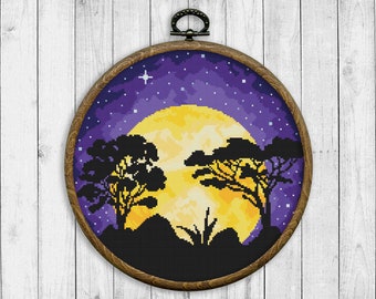 Landscape Modern Cross Stitch Pattern, Nature Counted Cross Stitch Chart, Mountain, Trees, Moon, Starry Sky, Night, Instant Download PDF