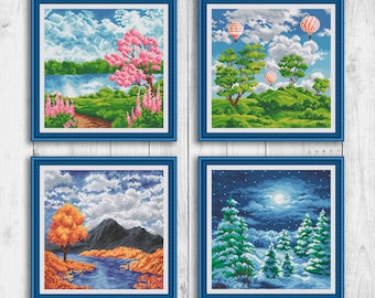 Set 4 Seasons Nature Cross Stitch Pattern, Modern Cross Stitch Pattern, Landscape Cross Stitch Pattern, Spring, Summer, Autumn, Winter