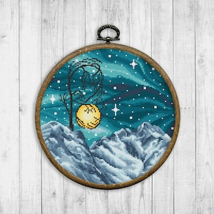 Cross Stitch Pattern Landscape, Nature Counted Cross Stitch Chart, Starry Sky, Moon, Mountain, Tree, Night Landscape, Digital Format - PDF
