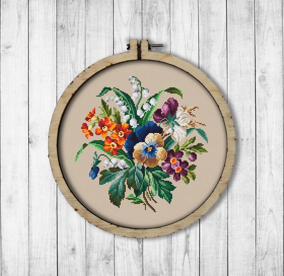 パンジー ハンドメイド クロスステッチ完成品 ラウンドパンジー 刺繍