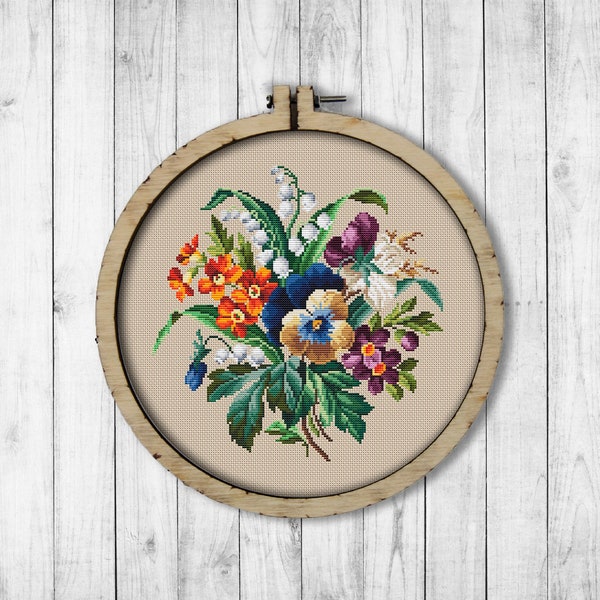 Vintage Pansies # 1 Cross Stitch Pattern, Pansy Cross Stitch Pattern, Embroidery Pansy, Embroidery Flowers, Berlin Woolwork, Wall Decor