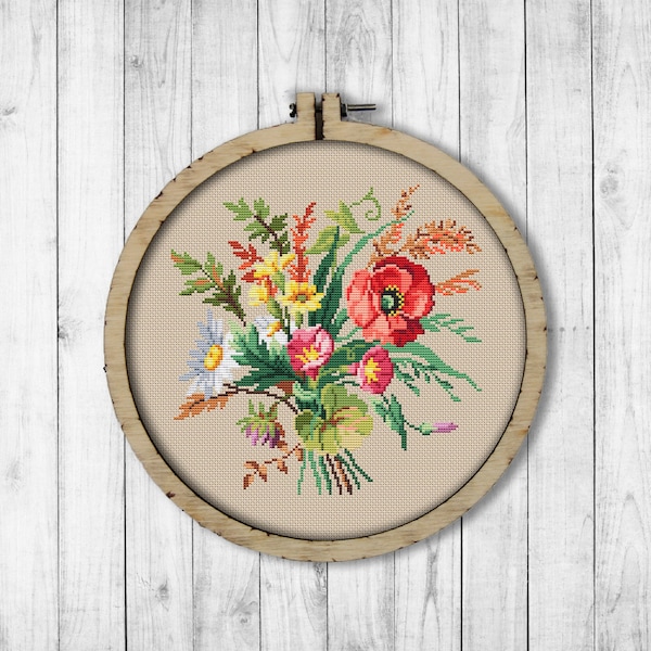 Vintage Flowers # 6 Cross Stitch Pattern, Wild Flower Bouquet Cross Stitch Pattern, Victorian Flowers Cross Stitch Pattern, Berlin Woolwork