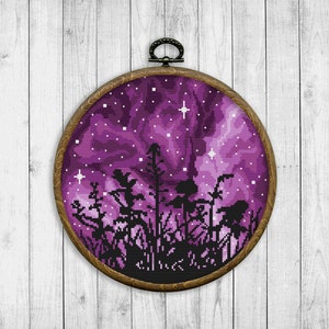 Patrón de punto de cruz de paisaje floral, gráfico moderno de punto de cruz contado, naturaleza, flores, cielo estrellado, paisaje nocturno, descarga instantánea PDF