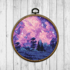 Nature Cross Stitch Pattern, Modern Cross Stitch Pattern, Landscape Cross Stitch Patterns, Northern Lights Cross Stitch, Galaxy, Starry Sky