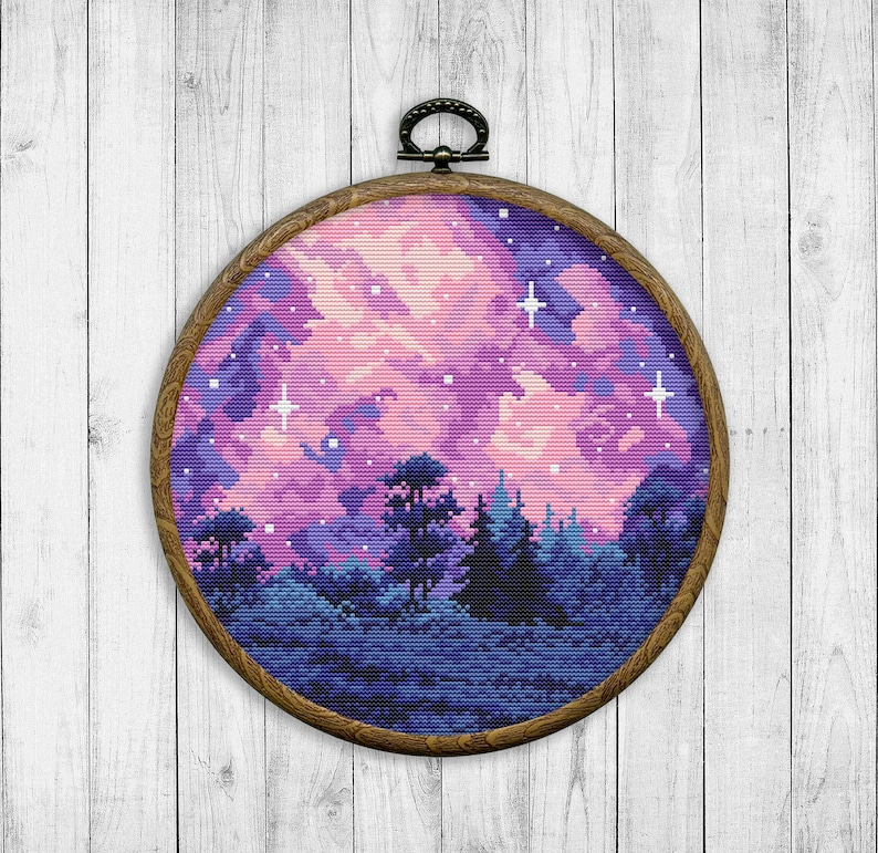 Nature Cross Stitch Pattern, Modern Cross Stitch Pattern, Landscape Cross Stitch Patterns, Northern Lights Cross Stitch, Galaxy, Starry Sky image 1