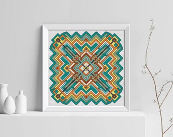 Nowoczesny wzór haftu krzyżykowego, geometryczny ornament wzór haftu krzyżykowego, wielokolorowy rysunek geometryczny haft krzyżykowy, natychmiastowe pobranie pliku PDF