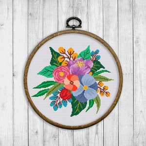 Flowers Cross Stitch Pattern, Floral Counted Cross Stitch Chart, Bouquet Cross Stitch Pattern, Rose, Leaves, Plants, Instant Download PDF