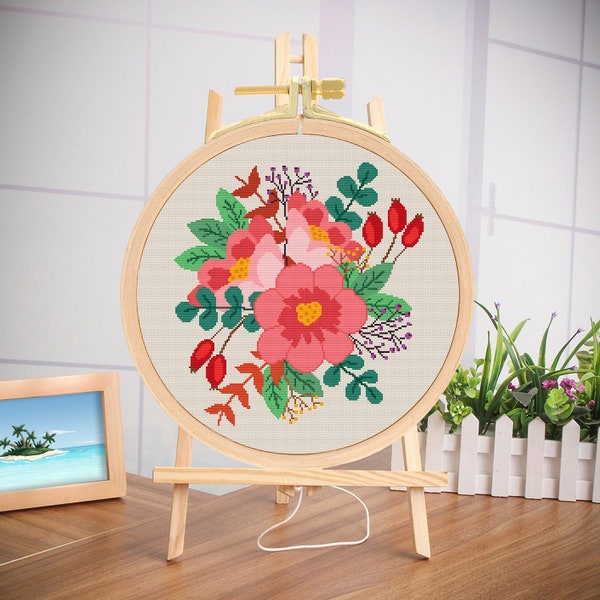 Modern Cross Stitch Pattern, Flowers Cross Stitch Pattern, Floral Cross Stitch Pattern, Bouquet, Wild Rose Flowers, Needlepoint Chart