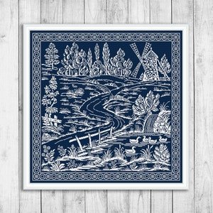 Nature Cross Stitch Pattern, Sampler Cross Stitch Pattern, Landscape Modern Cross Stitch Pattern, Mill Cross Stitch, River, Tree, Bird