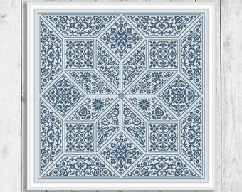 Sampler Cross Stitch Pattern, Flower Cross Stitch Chart, Tile Embroidery Sampler, Cross Stitch Patterns, Monochrome, Instant Download PDF