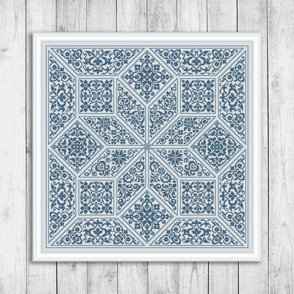 Sampler Cross Stitch Pattern, Flower Cross Stitch Chart, Tile Embroidery Sampler, Cross Stitch Patterns, Monochrome, Instant Download PDF