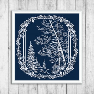 Schema punto croce natura, schema punto croce campionatore, schemi punto croce moderni paesaggio forestale, fiore, albero, download immediato PDF