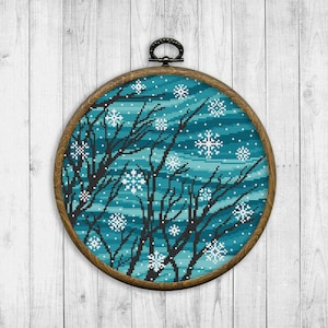 Winter Landscape Cross Stitch Pattern, Nature Counted Cross Stitch Chart, Snowflakes, Holidays, Snowstorm, Trees, Snow, Instant Download PDF