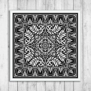 Könnte beinhalten: Schwarz-weißes Kreuzstichmuster mit floralem Design. Das Muster ist in einem weißen Rahmen gerahmt.