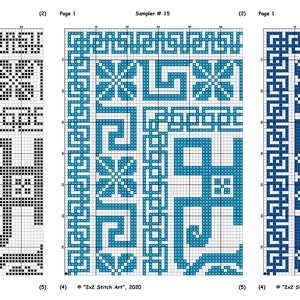May include: Three cross-stitch patterns with geometric designs. The first pattern is black and white, the second is blue and white, and the third is dark blue and white.