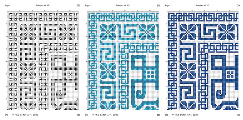 May include: Three cross-stitch patterns with geometric designs. The first pattern is black and white, the second is blue and white, and the third is dark blue and white.