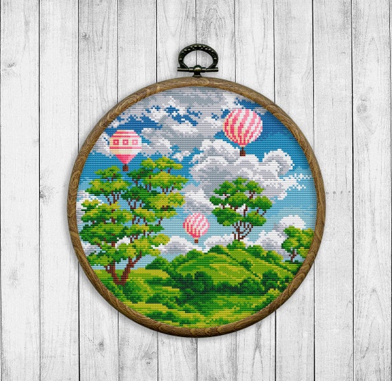 Nature Cross Stitch Pattern, Modern Cross Stitch Pattern, Summer Landscape  Cross Stitch Pattern, Mountain, Green Hills, Tree, Sky, Balloon 