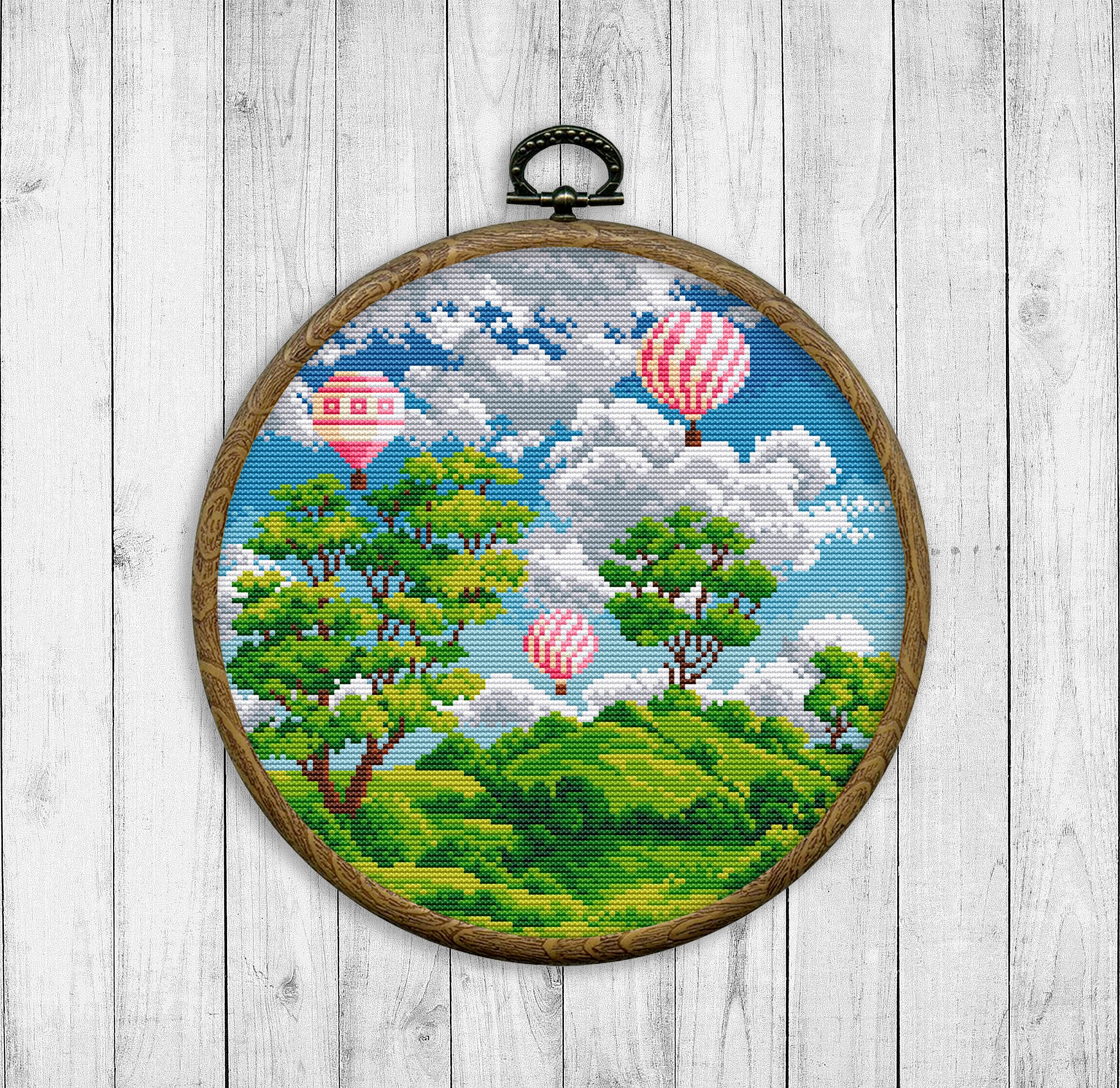 Nature Cross Stitch Pattern, Modern Cross Stitch Pattern, Summer Landscape  Cross Stitch Pattern, Mountain, Green Hills, Tree, Sky, Balloon 